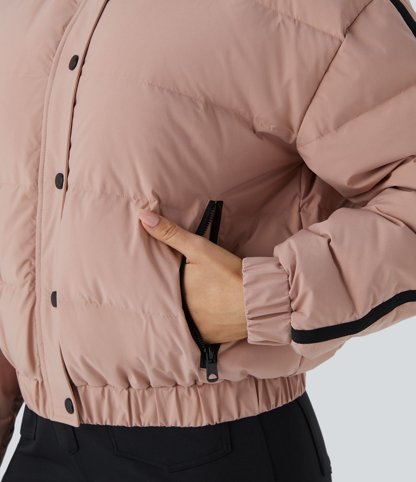 Water Repellent Removable Hood Side Zipper Pocket Contrast Tape Relaxed Casual Puffer Down Jacket
