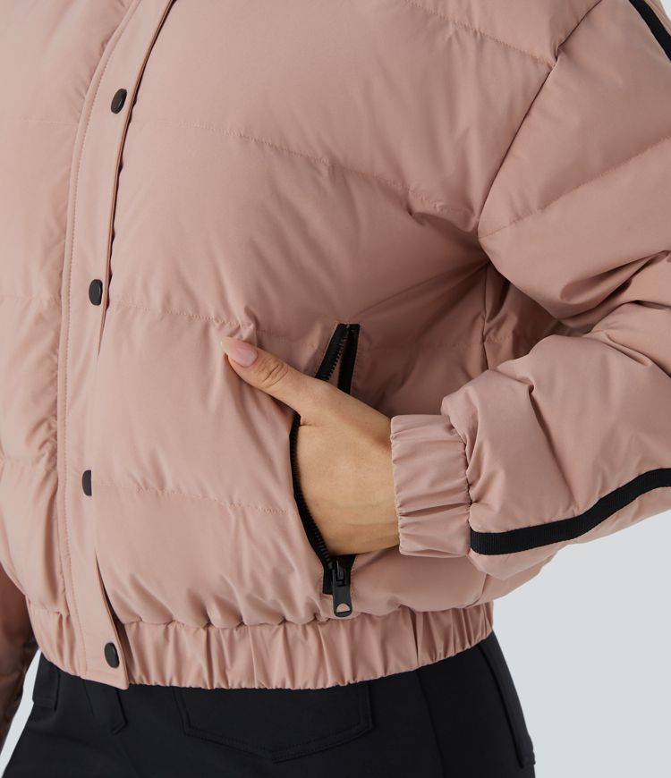 Water Repellent Removable Hood Side Zipper Pocket Contrast Tape Relaxed Casual Puffer Down Jacket