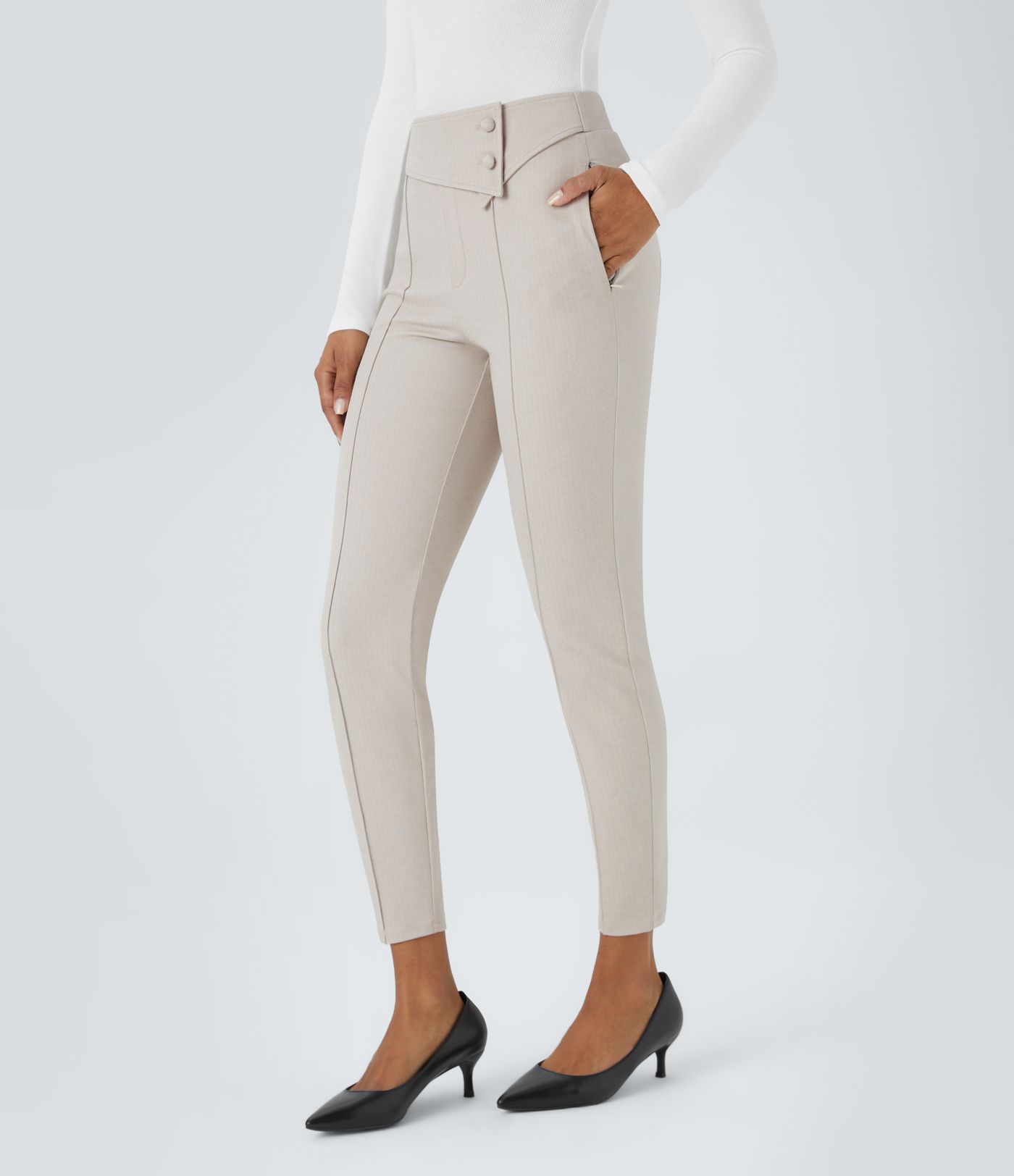 Halara Flex™ work leggings with a high-rise waistband, zippered side pockets, and a herringbone pattern