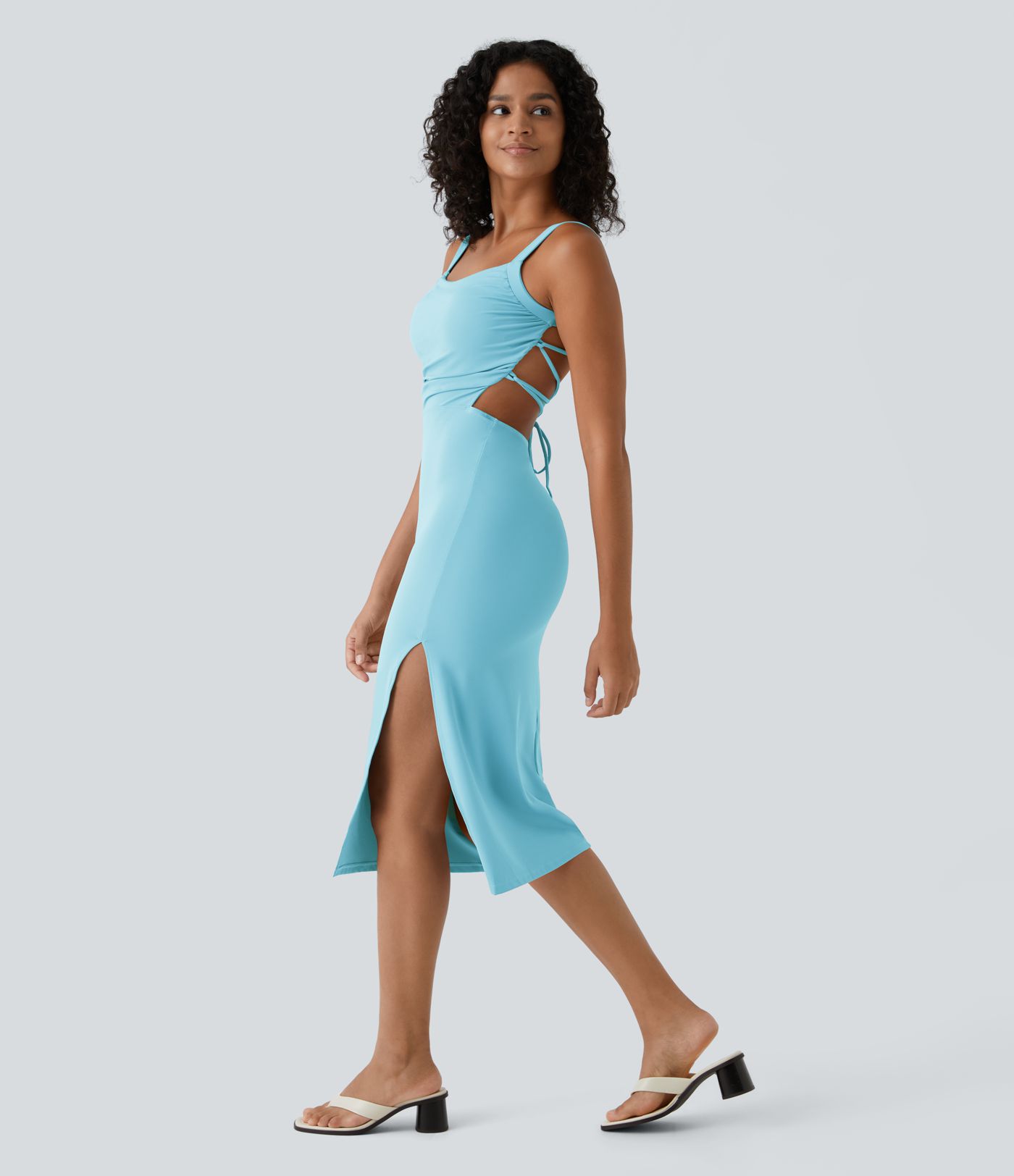 Ruched Lace Up Bodycon Midi Casual Dress