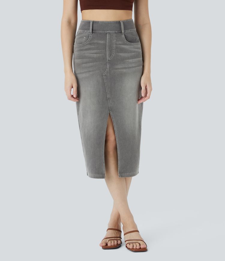 Halara Flex™ High Waisted Pockets Bodycon Washed Denim Casual Midi Skirt