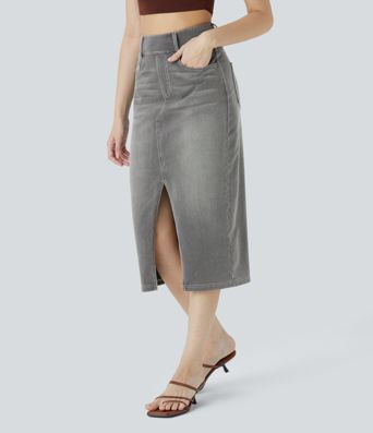 Halara Flex™ High Waisted Pockets Bodycon Washed Denim Casual Midi Skirt
