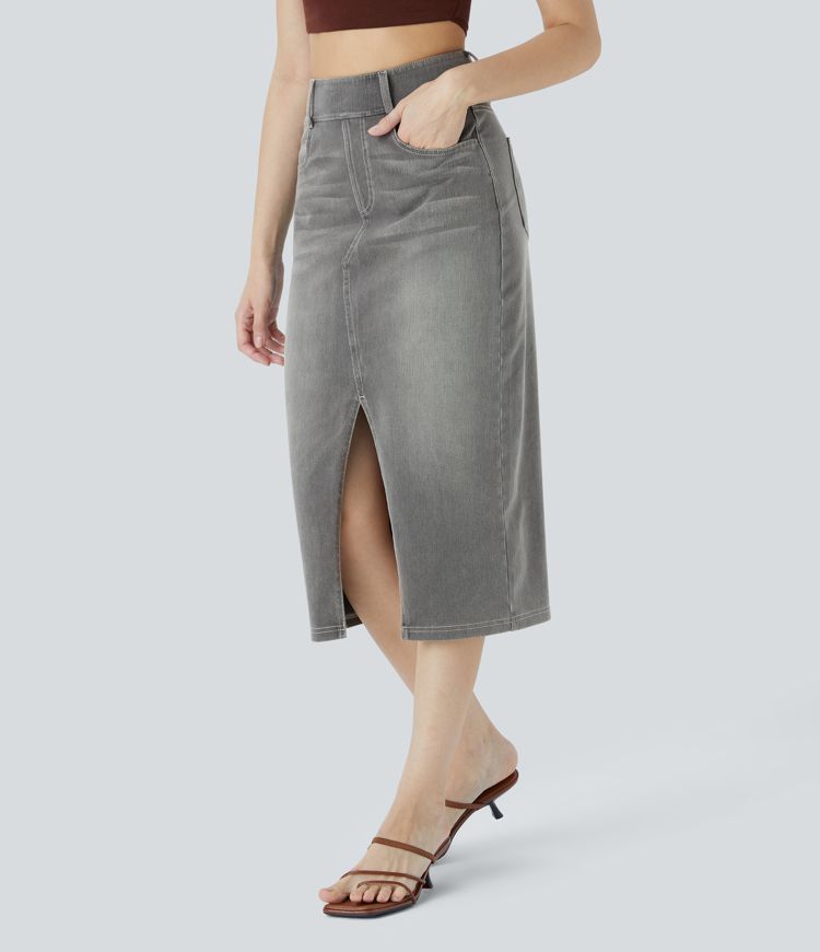 Halara Flex™ High Waisted Pockets Bodycon Washed Denim Casual Midi Skirt