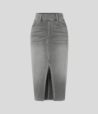 Halara Flex™ High Waisted Pockets Bodycon Washed Denim Casual Midi Skirt