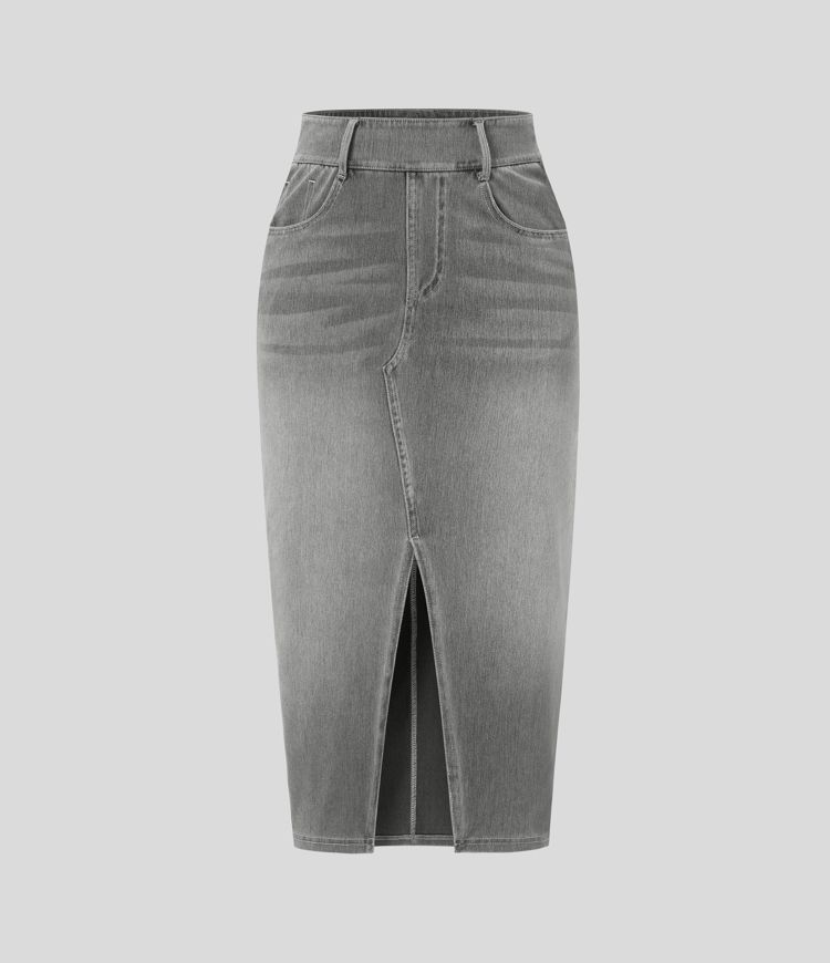 Halara Flex™ High Waisted Pockets Bodycon Washed Denim Casual Midi Skirt