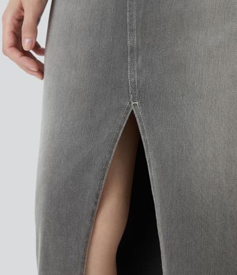 Halara Flex™ High Waisted Pockets Bodycon Washed Denim Casual Midi Skirt