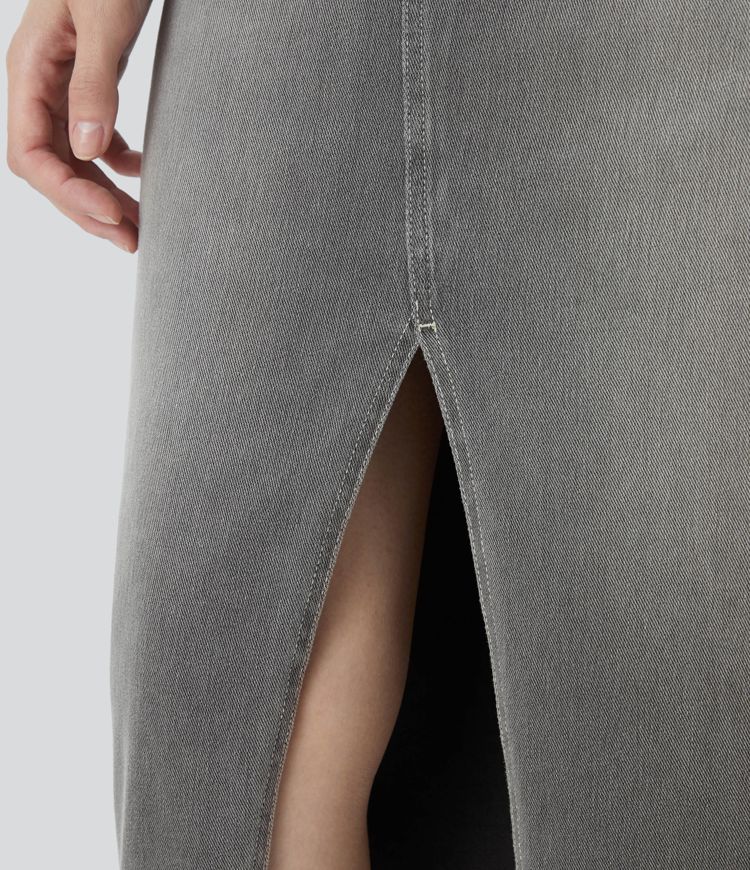 Halara Flex™ High Waisted Pockets Bodycon Washed Denim Casual Midi Skirt