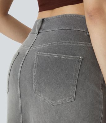 Halara Flex™ High Waisted Pockets Bodycon Washed Denim Casual Midi Skirt