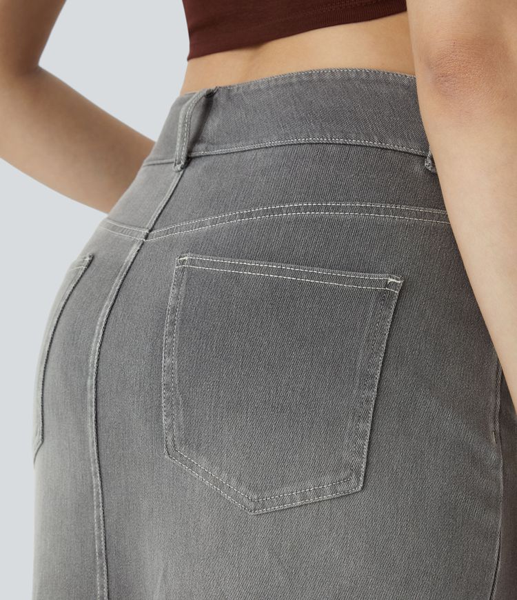 Halara Flex™ High Waisted Pockets Bodycon Washed Denim Casual Midi Skirt