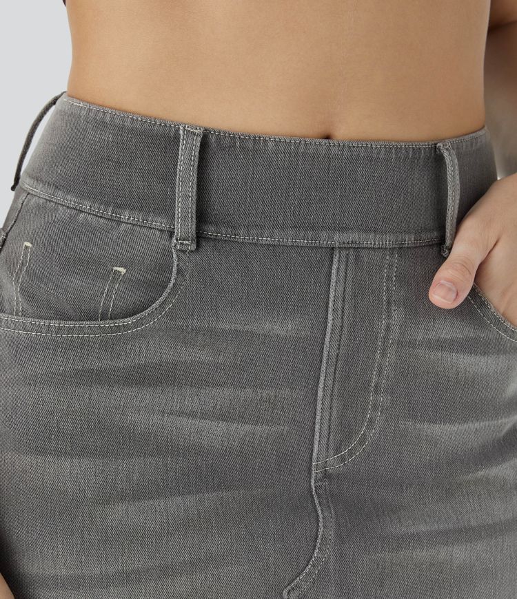 Halara Flex™ High Waisted Pockets Bodycon Washed Denim Casual Midi Skirt