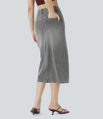 Halara Flex™ High Waisted Pockets Bodycon Washed Denim Casual Midi Skirt