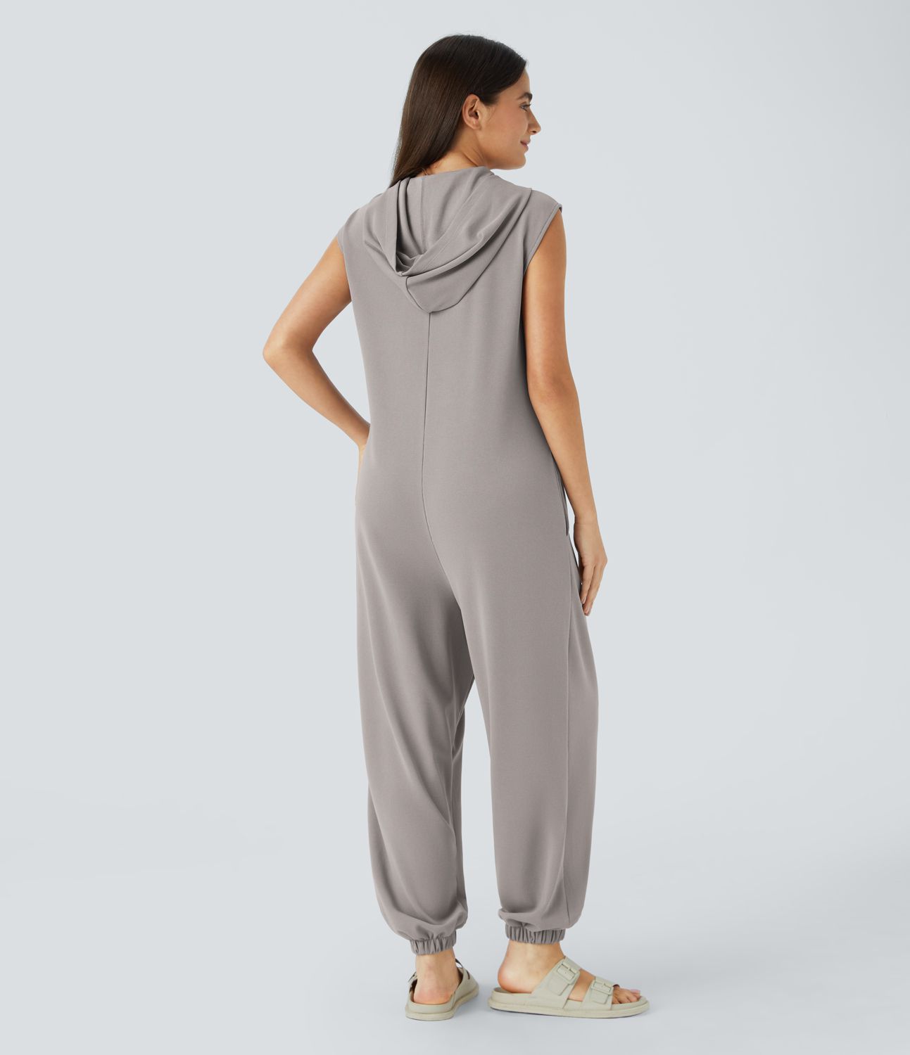 Hooded front button sleeveless side pocket waffle casual jumpsuit