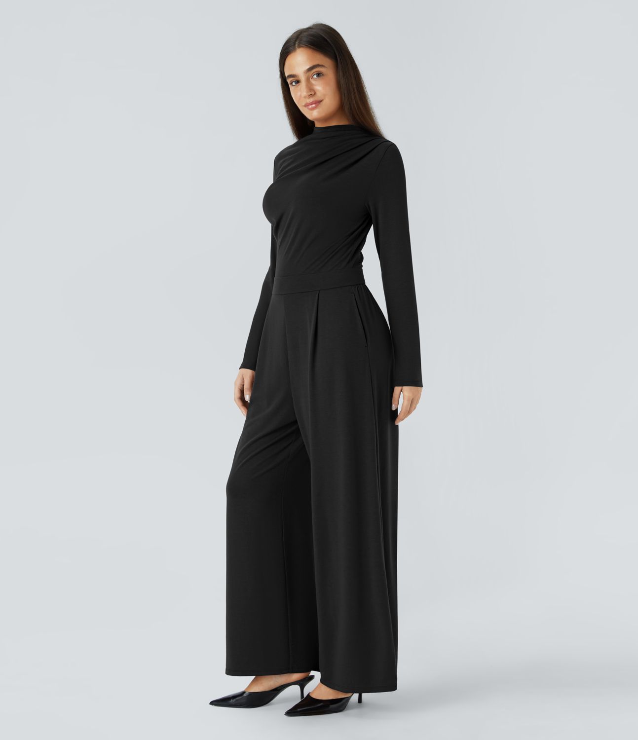 Mono pierna ancha cuello vuelto fruncido cremallera invisible bolsillo lateral plisado