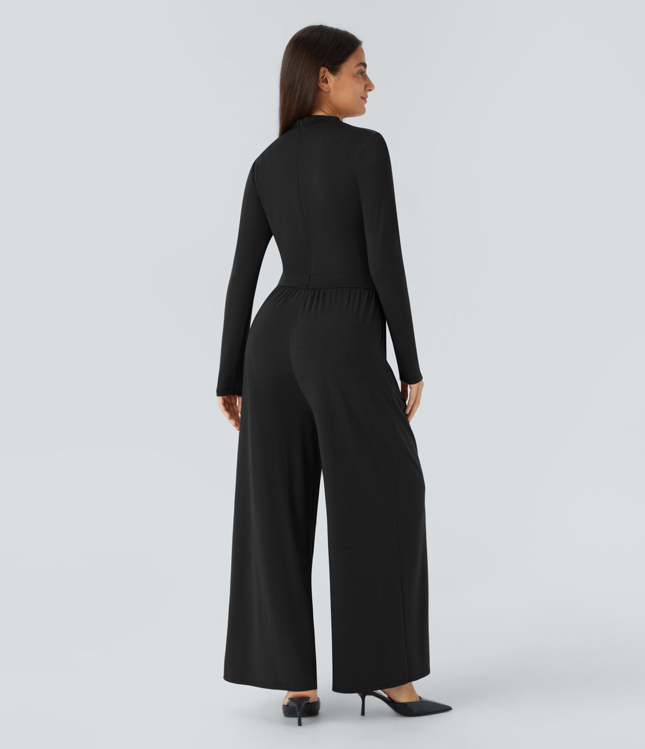 Mono pierna ancha cuello vuelto fruncido cremallera invisible bolsillo lateral plisado