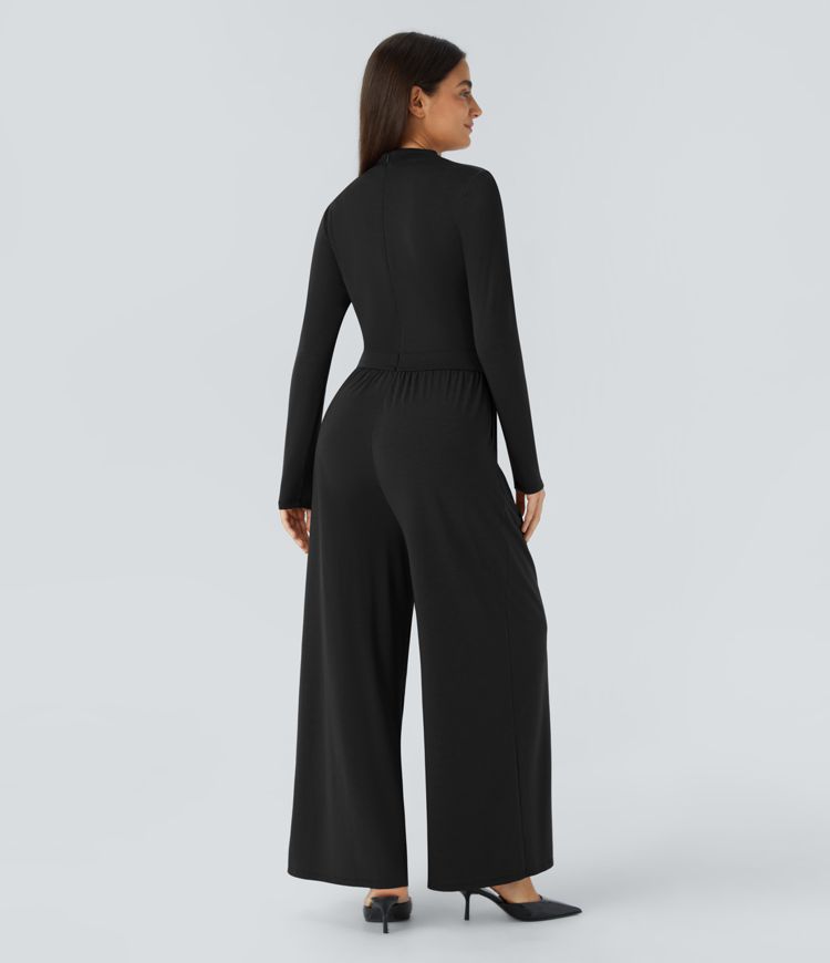 Mono pierna ancha cuello vuelto fruncido cremallera invisible bolsillo lateral plisado