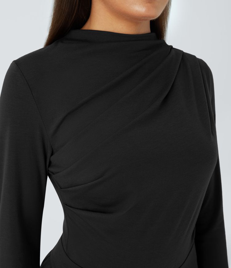 Mono pierna ancha cuello vuelto fruncido cremallera invisible bolsillo lateral plisado