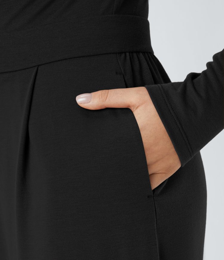 Mono pierna ancha cuello vuelto fruncido cremallera invisible bolsillo lateral plisado