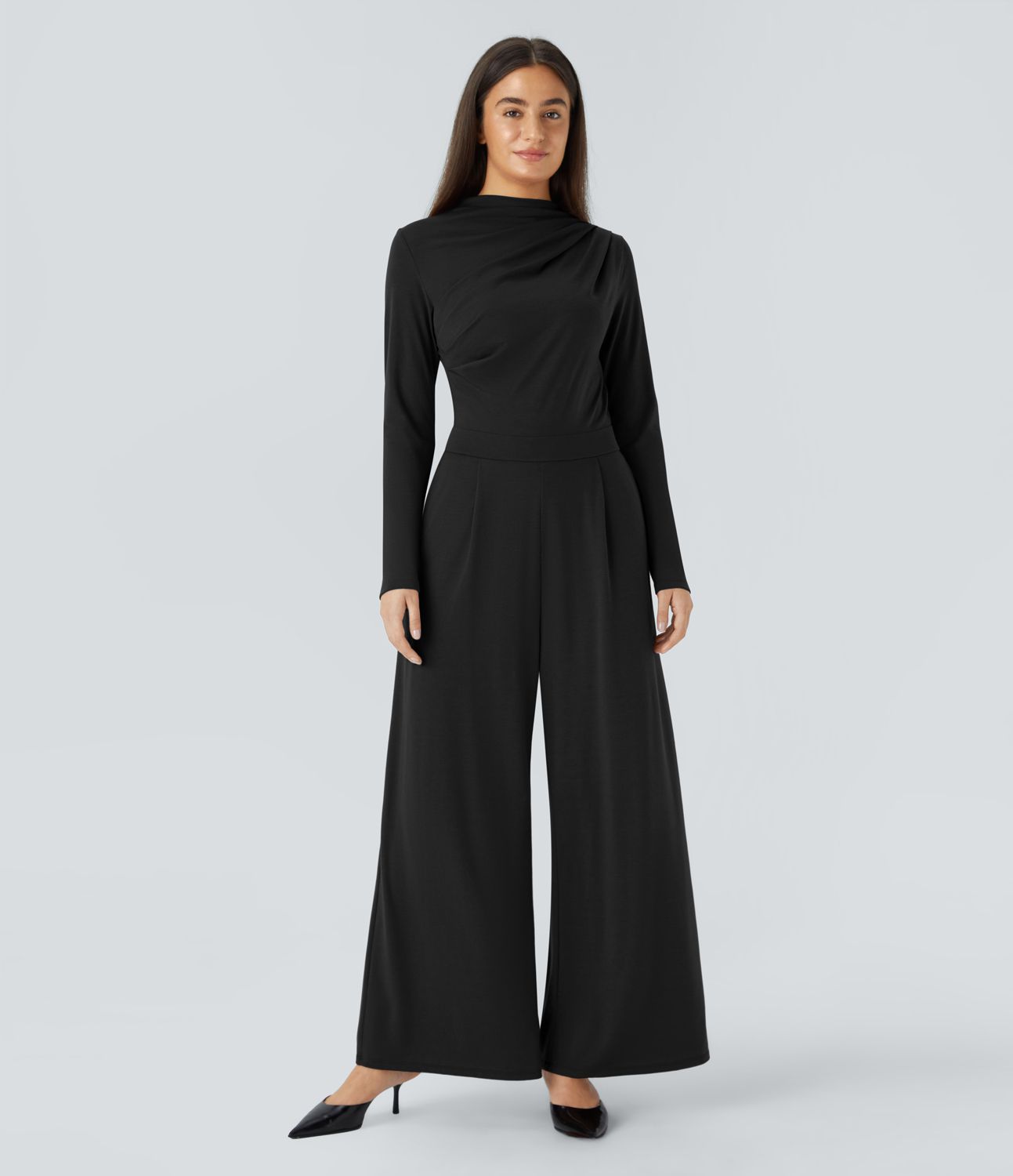 Mono pierna ancha cuello vuelto fruncido cremallera invisible bolsillo lateral plisado