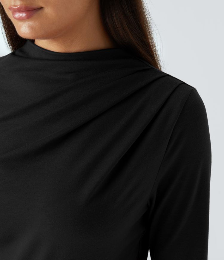 Mono pierna ancha cuello vuelto fruncido cremallera invisible bolsillo lateral plisado