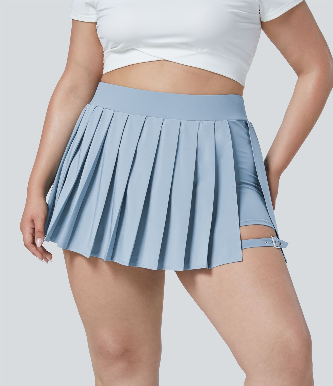 Breezeful™ Plus Size plissierter 2-in-1-Minirock mit hohem Bund, Seitentaschen und verstellbarer Schnalle, schnell trocknend