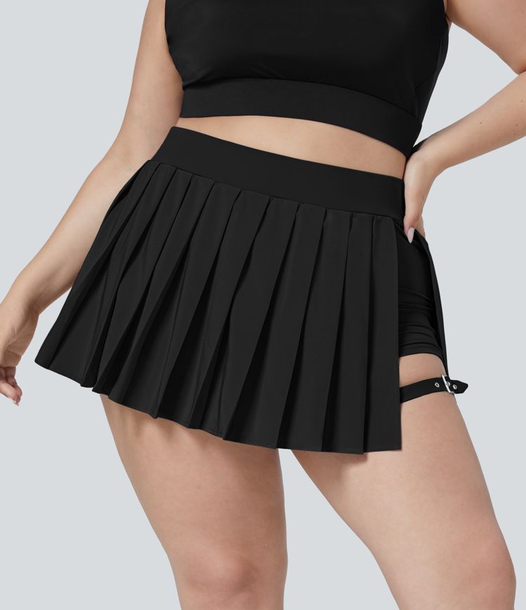 Breezeful™ High Waisted Pleated 2-in-1 Side Pocket Adjustable Buckle Quick Dry Micro Mini Casual Plus Size Skirt