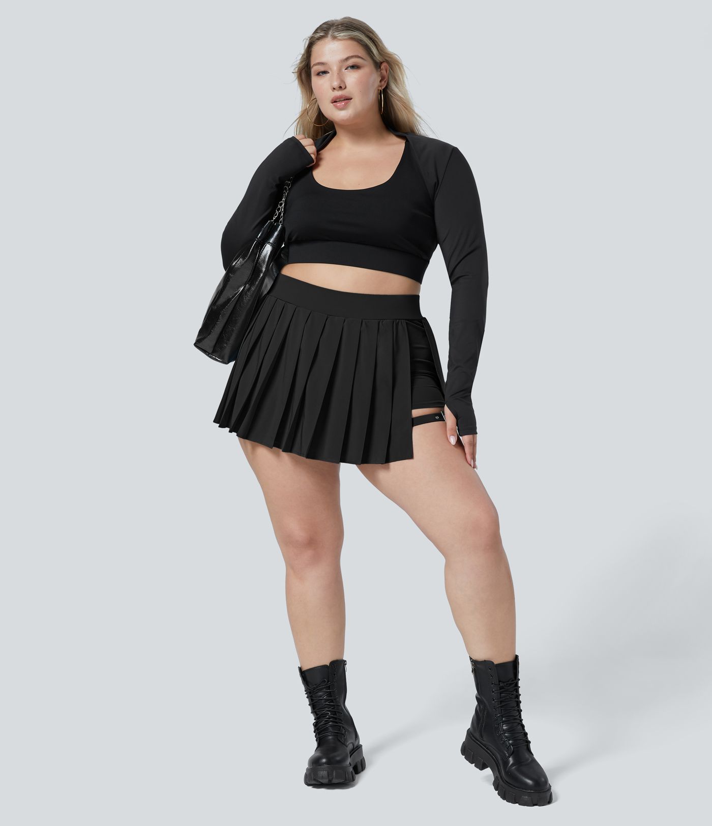 Breezeful™ High Waisted Pleated 2-in-1 Side Pocket Adjustable Buckle Quick Dry Micro Mini Casual Plus Size Skirt