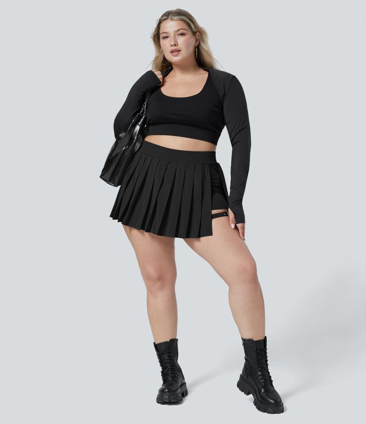 Breezeful™ High Waisted Pleated 2-in-1 Side Pocket Adjustable Buckle Quick Dry Micro Mini Casual Plus Size Skirt