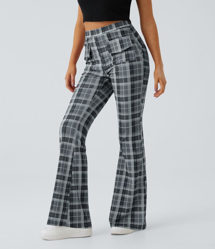 High Waist Pocket Check Pattern Flare Casual Pants