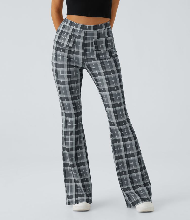 High Waisted Pocket Plaid Flare Casual Pants