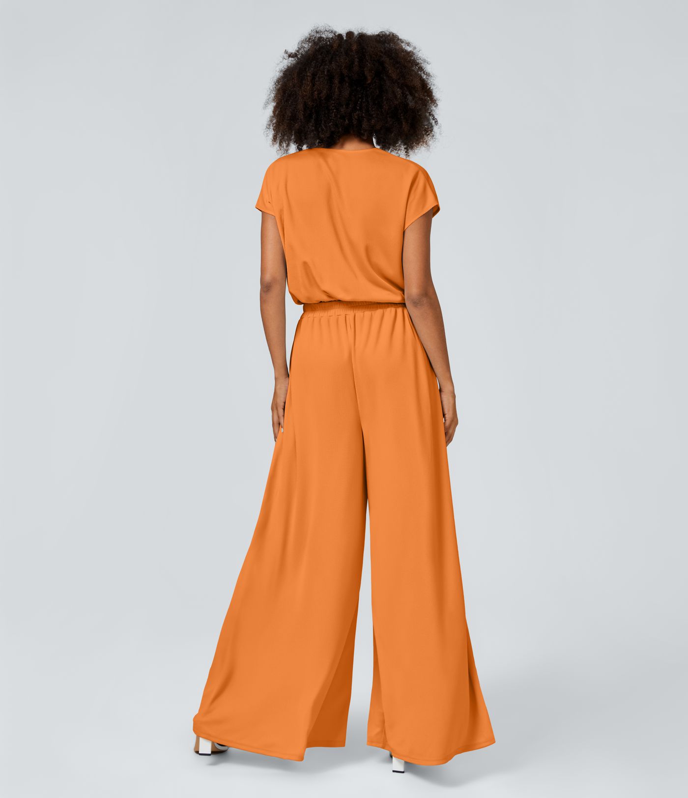 Combinaison Casual Col en V Jambes Large Plissée Manches Courtes Poche Latérale Gaufrée Fluide