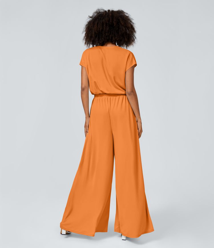 Combinaison Casual Col en V Jambes Large Plissée Manches Courtes Poche Latérale Gaufrée Fluide