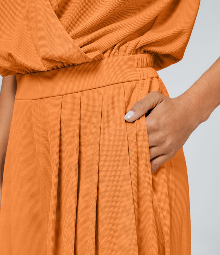 Combinaison Casual Col en V Jambes Large Plissée Manches Courtes Poche Latérale Gaufrée Fluide