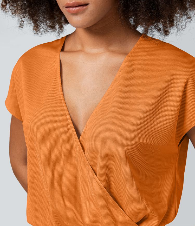 Combinaison Casual Col en V Jambes Large Plissée Manches Courtes Poche Latérale Gaufrée Fluide