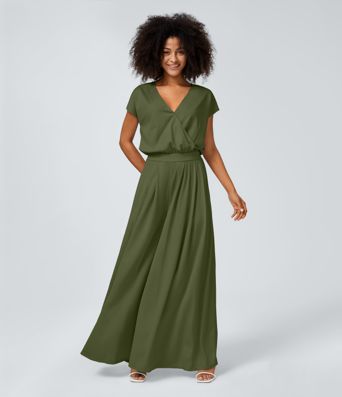 V Neck Short Sleeve Side Pocket Wide Leg Flowy Waffle Casual Jumpsuit