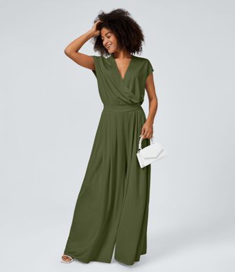 V Neck Short Sleeve Side Pocket Wide Leg Flowy Waffle Casual Jumpsuit