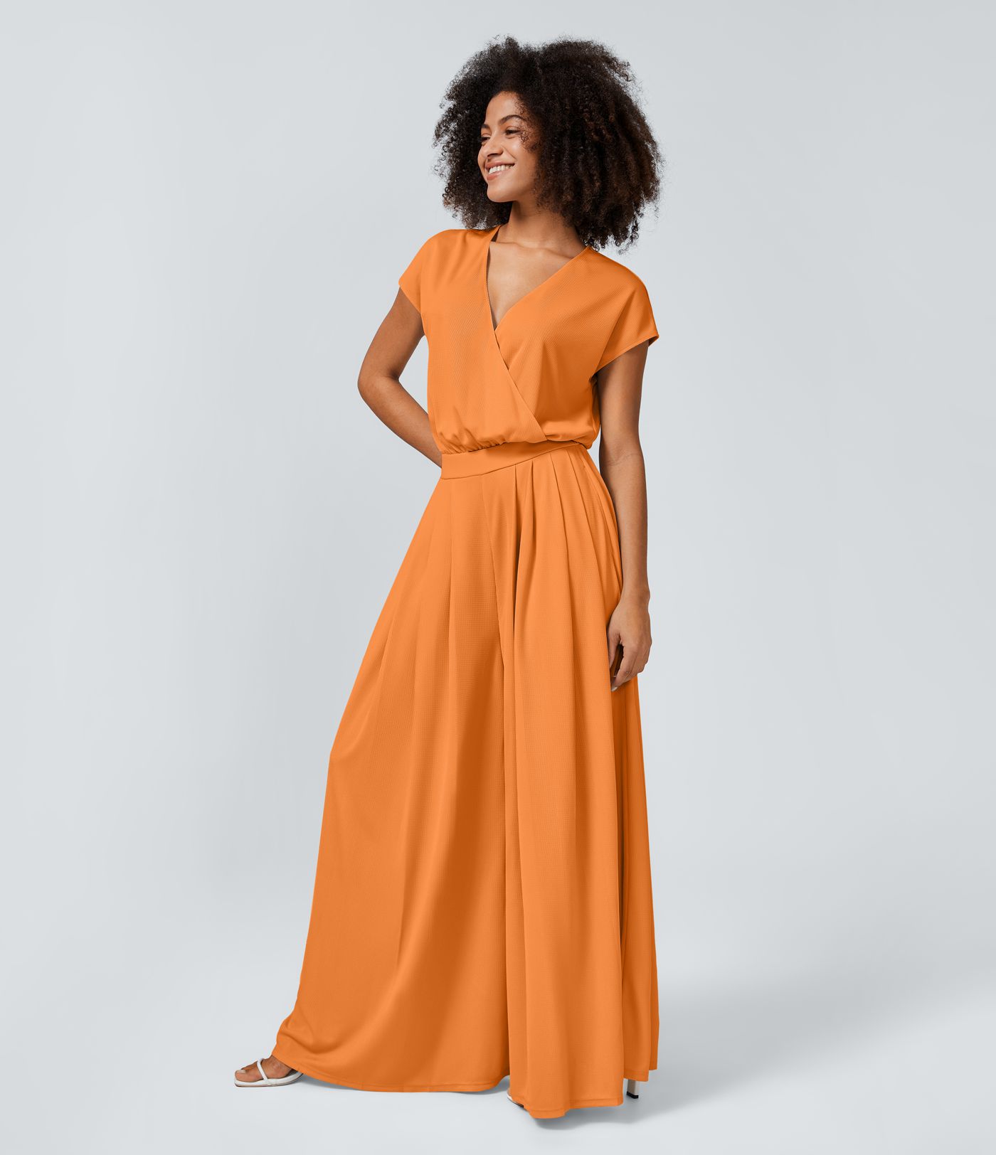 Combinaison Casual Col en V Jambes Large Plissée Manches Courtes Poche Latérale Gaufrée Fluide