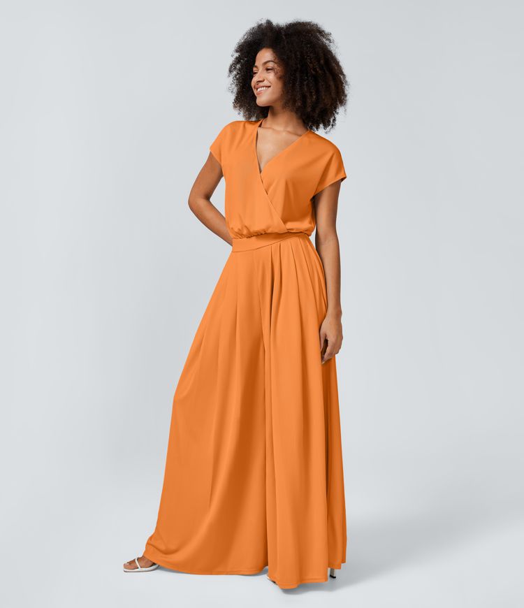 Combinaison Casual Col en V Jambes Large Plissée Manches Courtes Poche Latérale Gaufrée Fluide