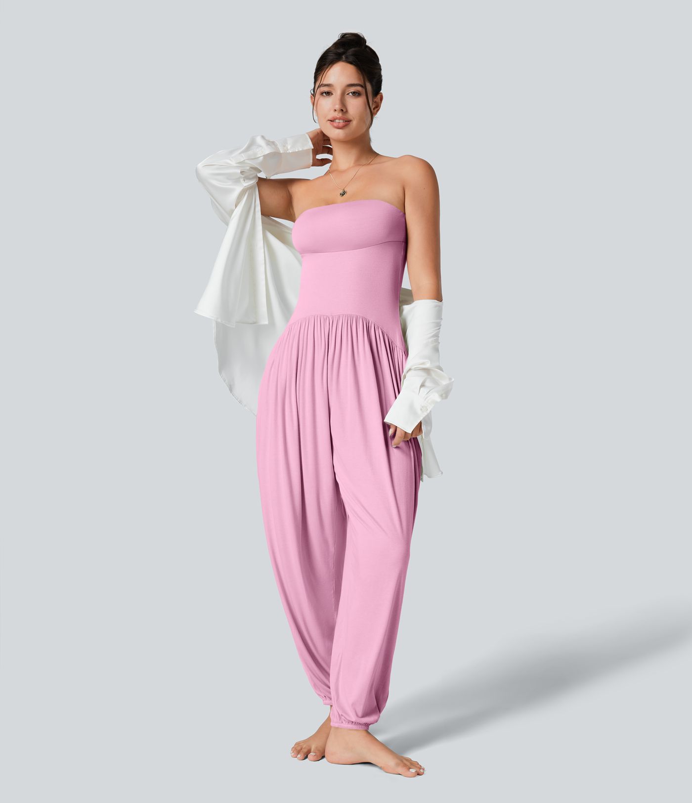 Ribbed Tube Top  Sleeveless Women Casual Jumpsuit with Pocket