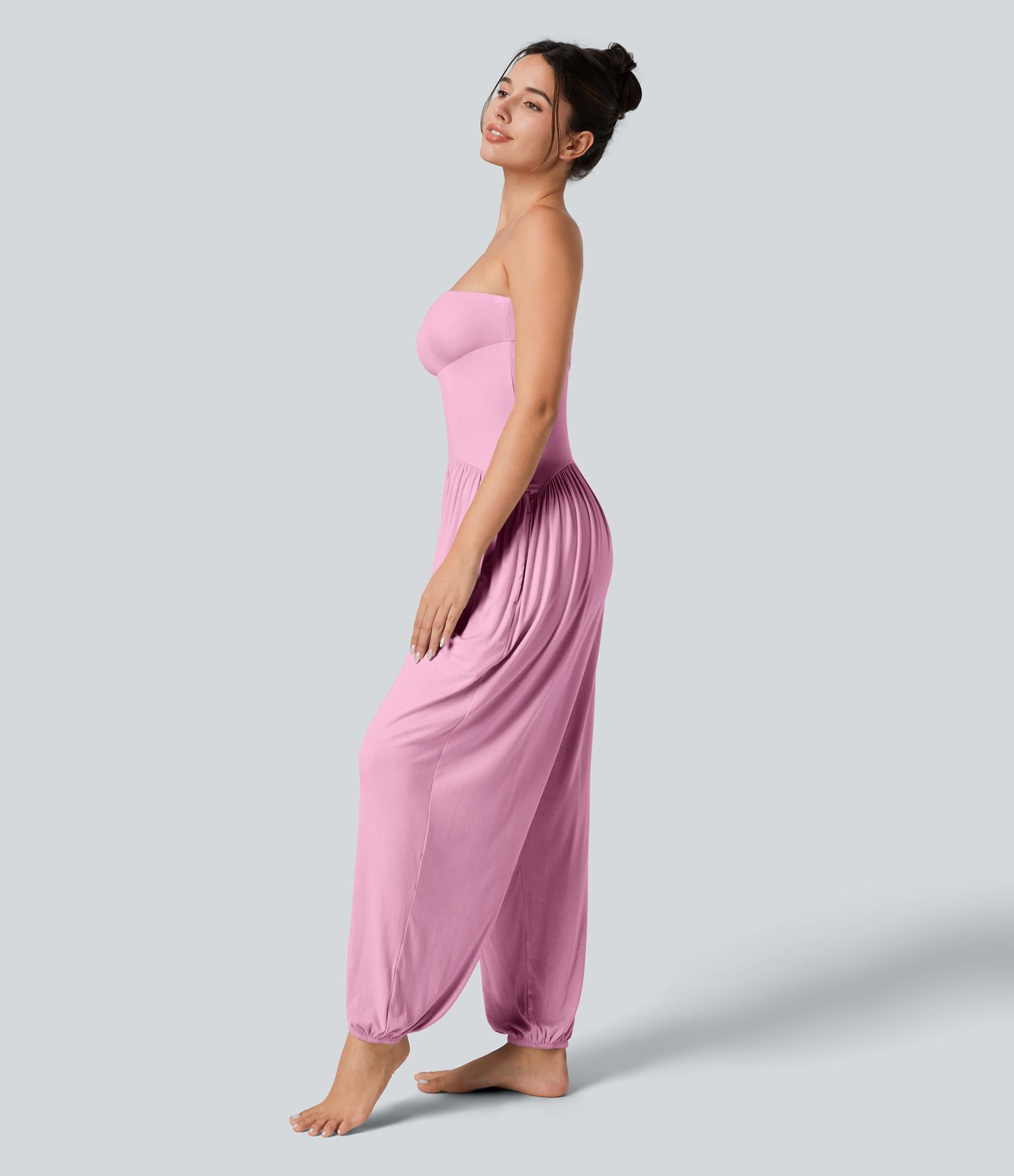 Ribbed Tube Top  Sleeveless Women Casual Jumpsuit with Pocket