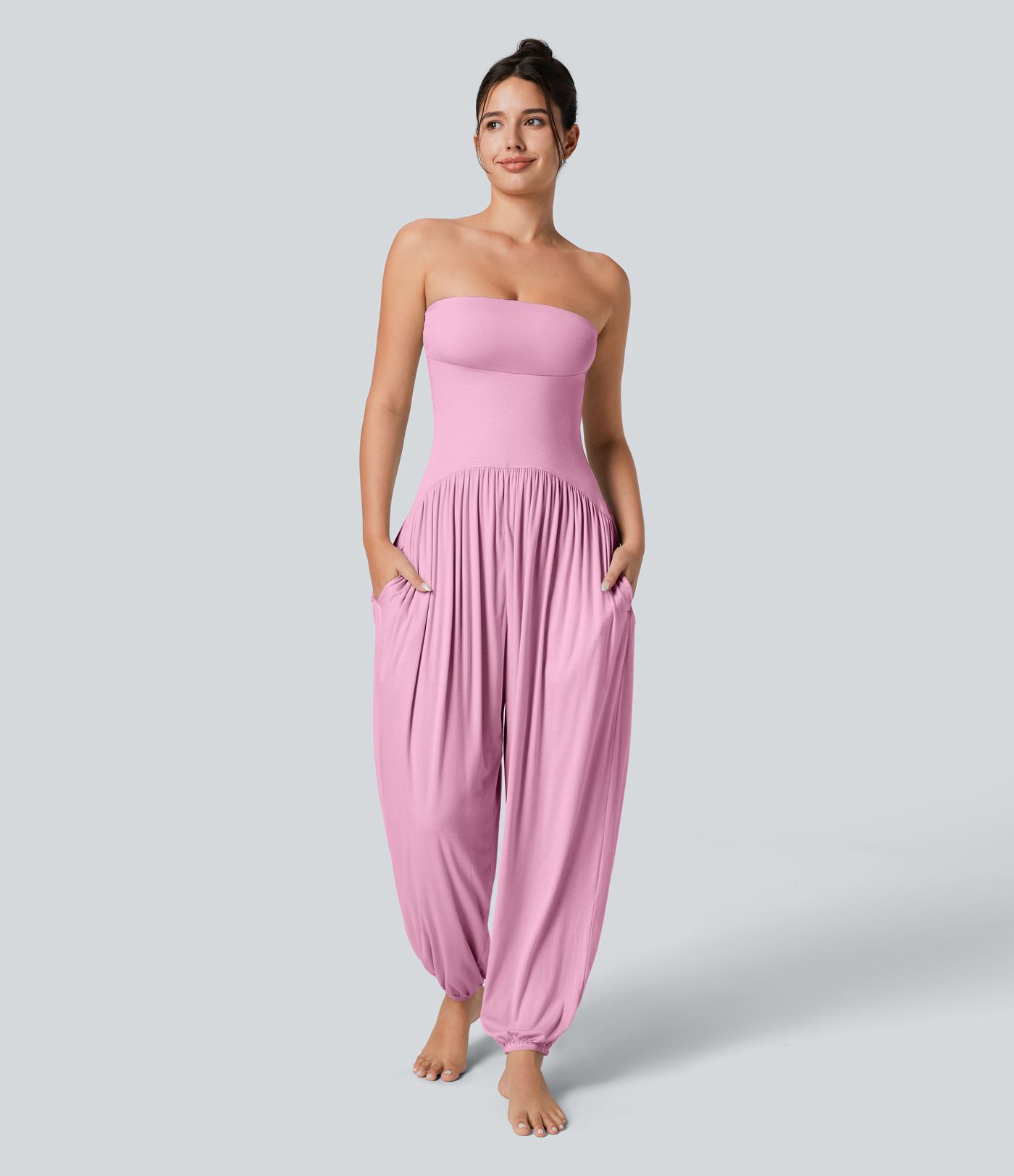 Ribbed Tube Top  Sleeveless Women Casual Jumpsuit with Pocket