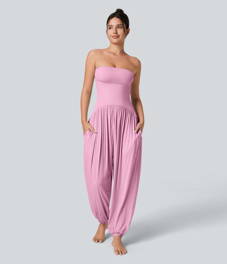 Ribbed Tube Top  Sleeveless Women Casual Jumpsuit with Pocket