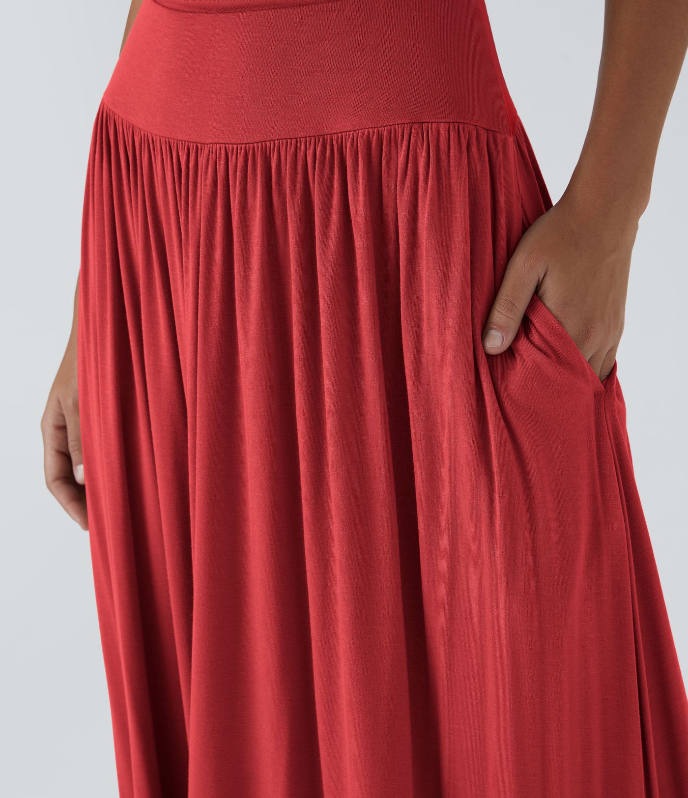 Ribbed Boat Neck Asymmetric Strap Ruched Pocket Flowy Women Long Maxi Casual Dress