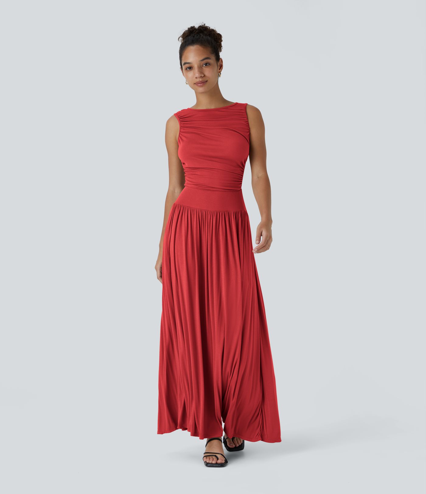 Ribbed Boat Neck Asymmetric Strap Ruched Pocket Flowy Women Long Maxi Casual Dress