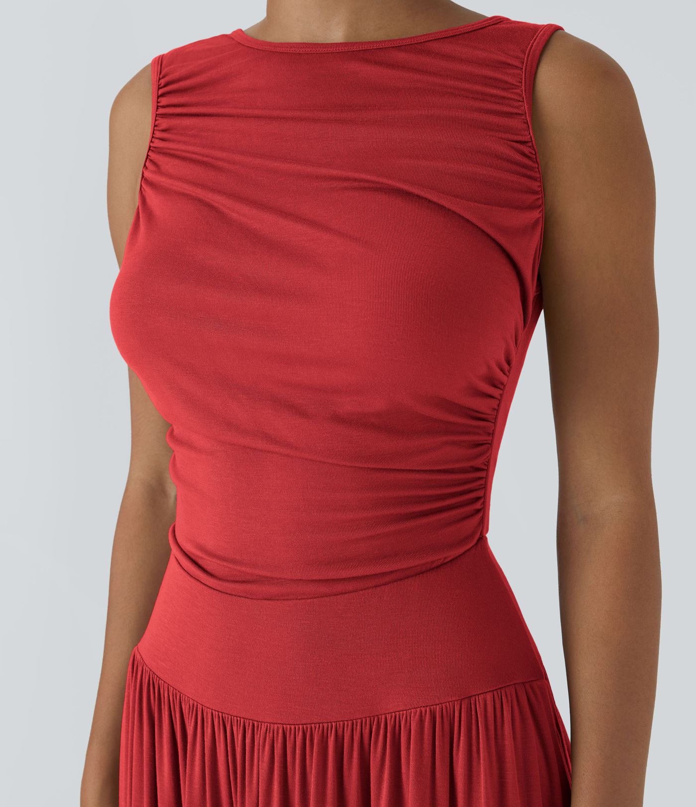 Ribbed Boat Neck Asymmetric Strap Ruched Pocket Flowy Women Long Maxi Casual Dress