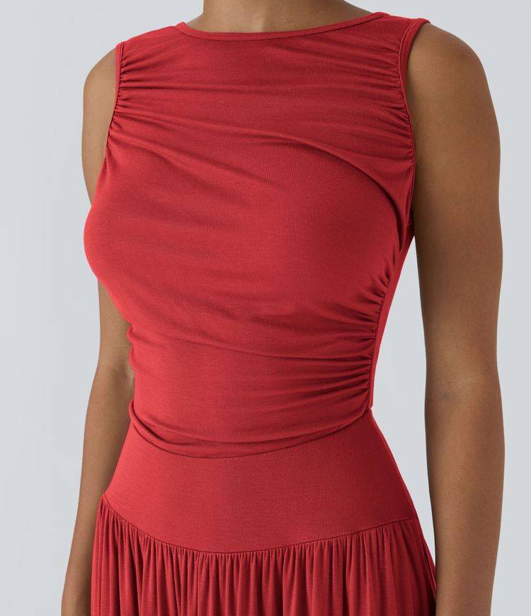 Ribbed Boat Neck Asymmetric Strap Ruched Pocket Flowy Women Long Maxi Casual Dress