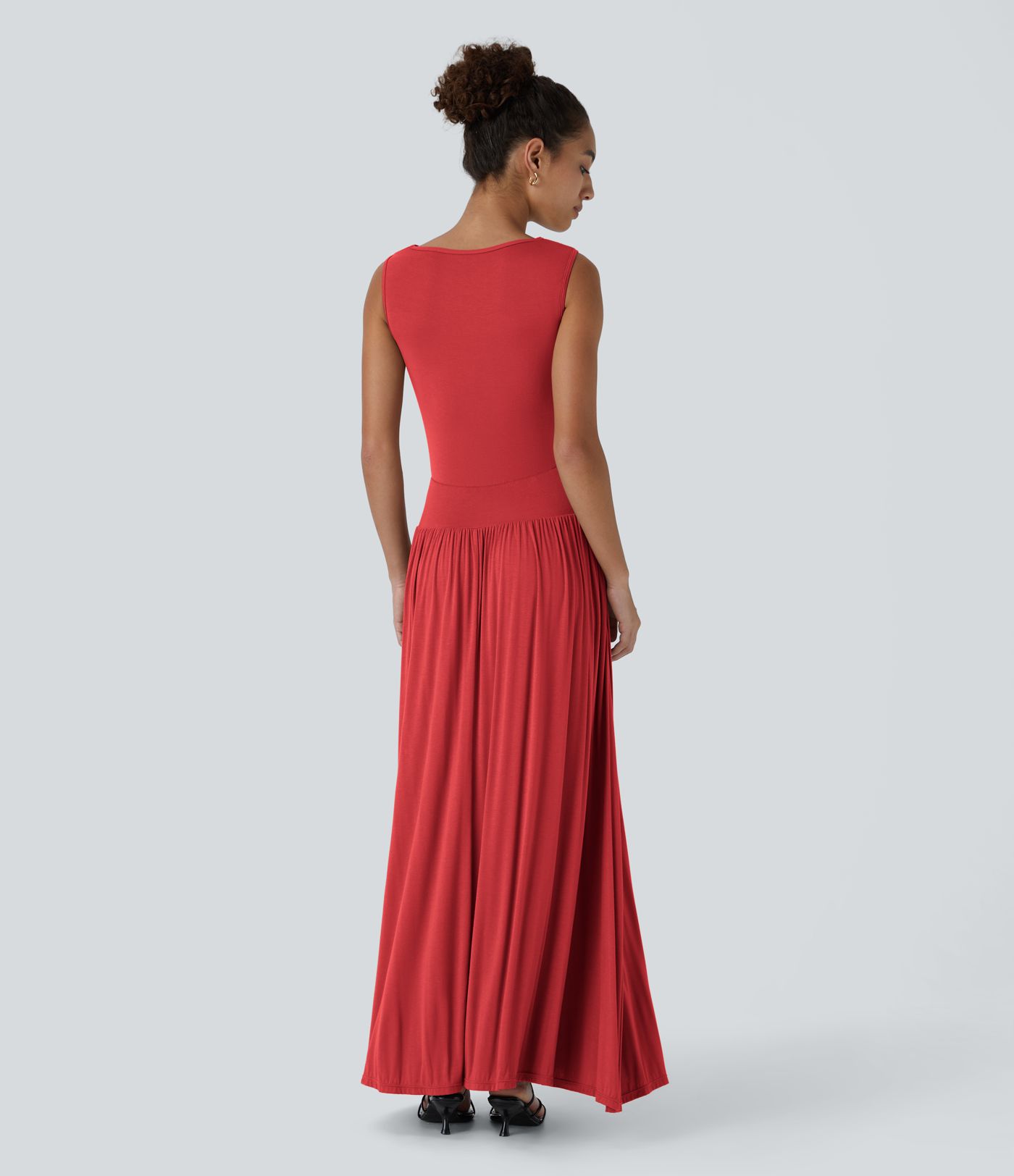 Ribbed Boat Neck Asymmetric Strap Ruched Pocket Flowy Women Long Maxi Casual Dress