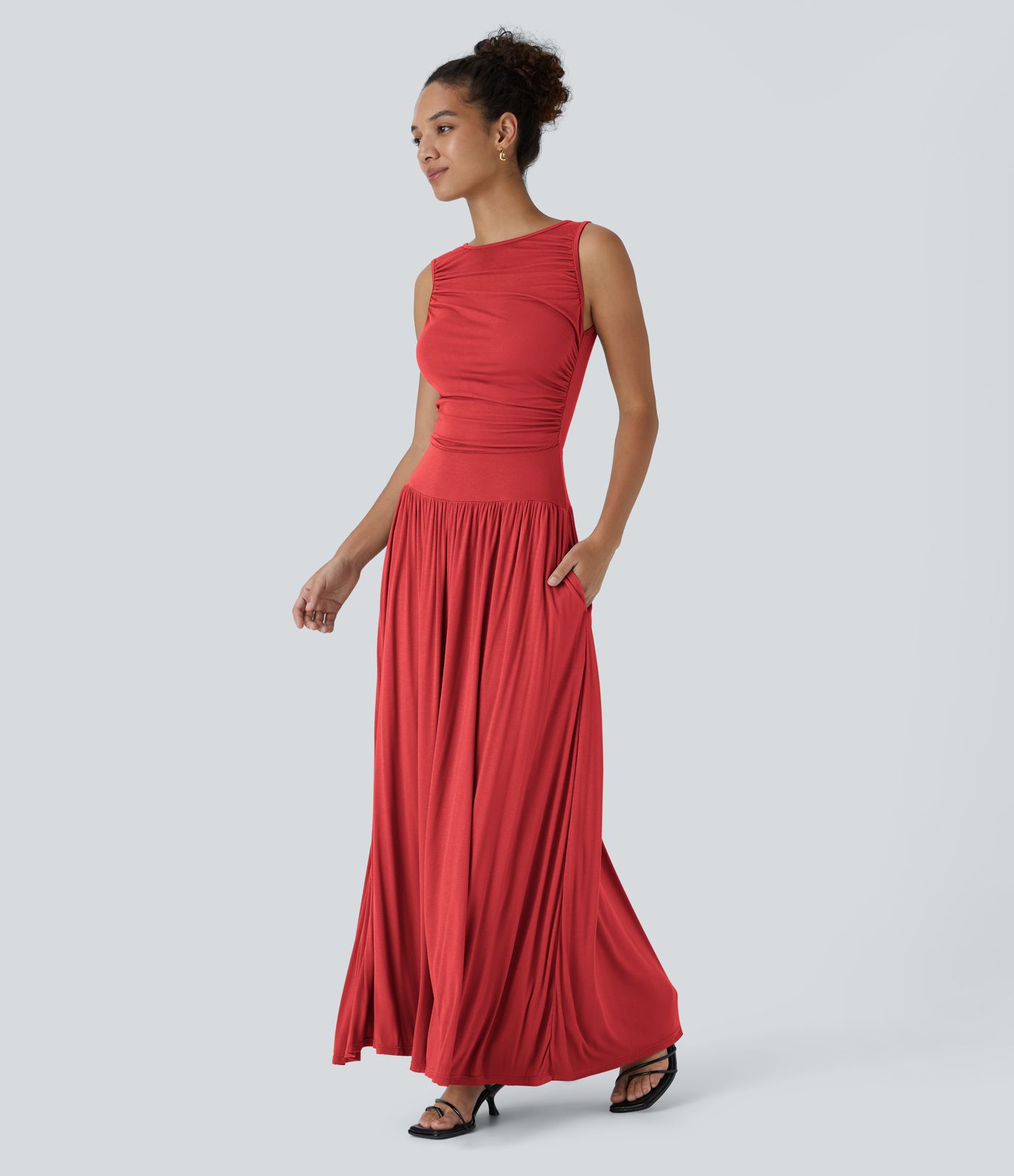 Ribbed Boat Neck Asymmetric Strap Ruched Pocket Flowy Women Long Maxi Casual Dress