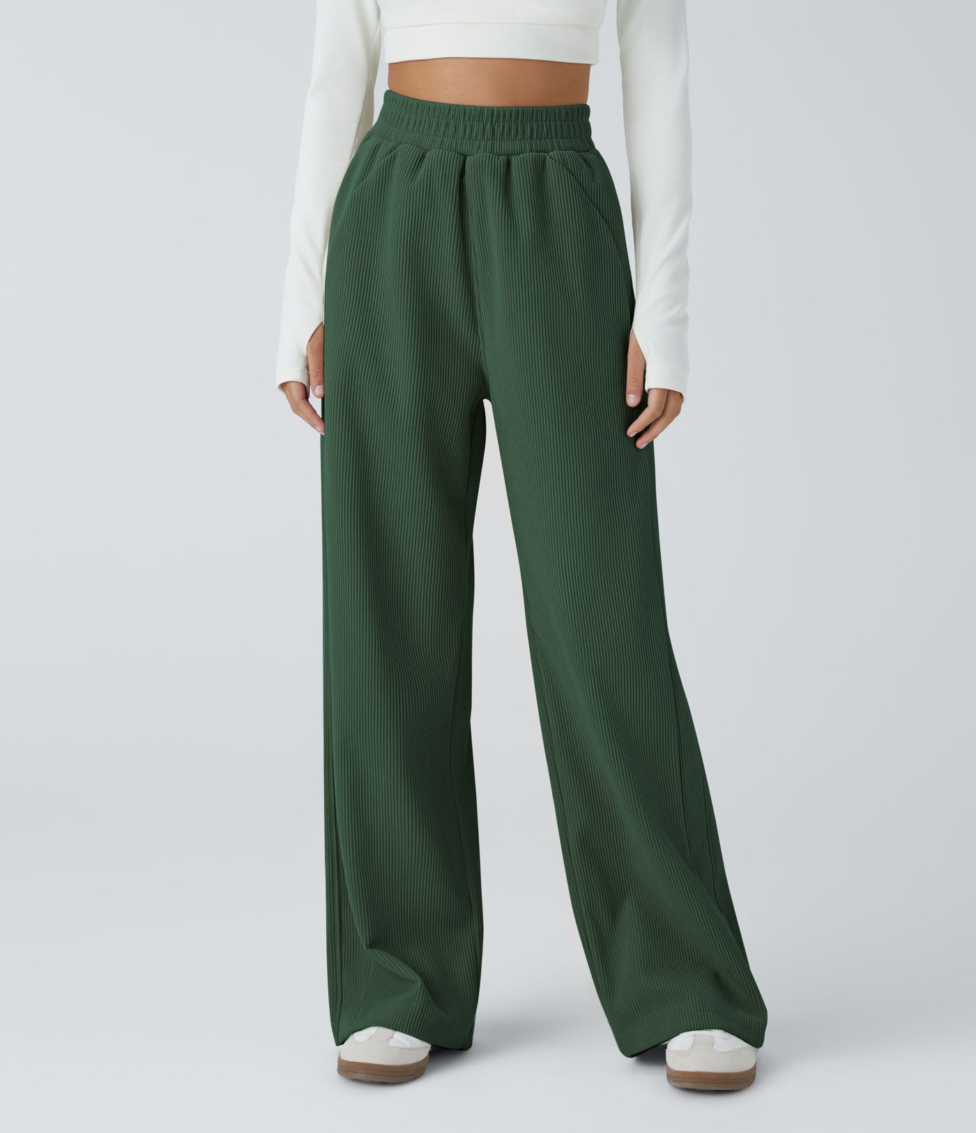 High Waisted Pocket Straight Leg Mop Corduroy Casual Trousers