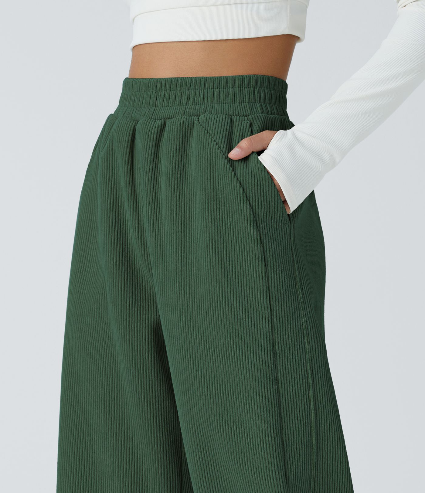 High Waisted Pocket Straight Leg Mop Corduroy Casual Trousers