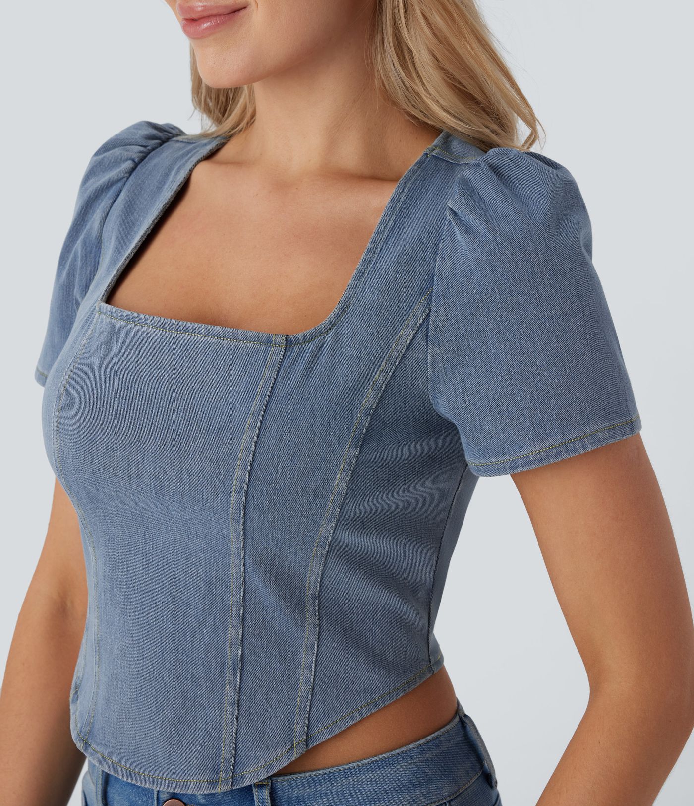 Blusa Halara Flex™ Denim corta mezclilla elástico cuello cuadrado manga corta dobladillo curvo